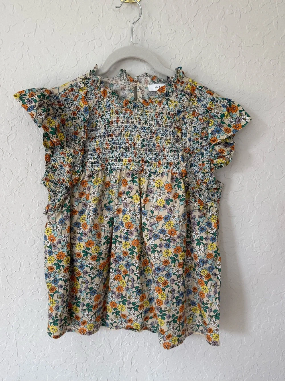 moodie Floral Smocked Ruffle Sleeve Top - Cream, Green, Orange, Blue Size Medium